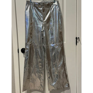Women's AVEC LES FILLES Wide Leg Silver Croc Embossed Pants Size 10